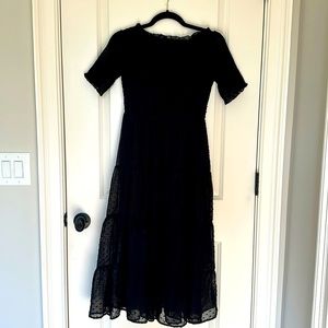 Black Swiss Dot Short Sleeve Midi Dress